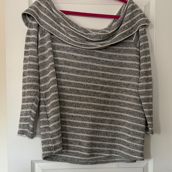 Lane Bryant Off-the-Shoulder Sweater in Gray and White Stripes - Picture 1 of 4